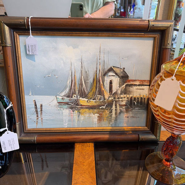 Mid-century modern Harbor scene oil on canvas by DeMarco approximately 19 by 15