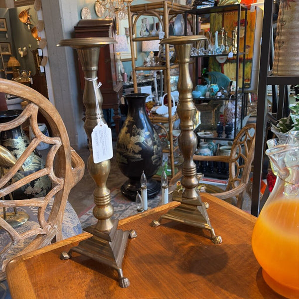 Large pair of vintage solid brass neoclassical footed candlesticks approx 16.5 inch