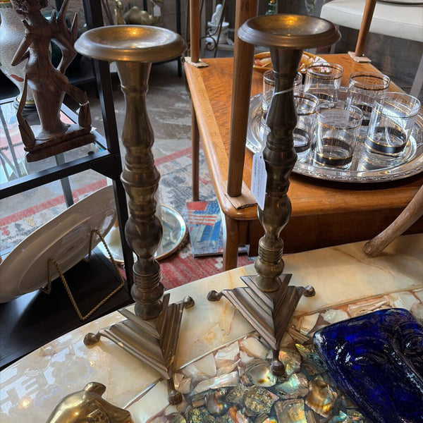 Large pair of vintage solid brass neoclassical footed candlesticks approx 16.5 inch