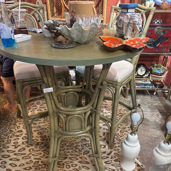 Vintage bamboo bar height bistro set with two bar chairs. In Store Pick Up.