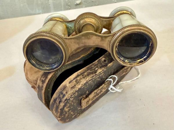 Vintage Mother of Pearl opera glasses and case marked Paris Lamier