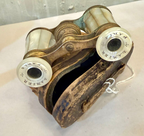 Vintage Mother of Pearl opera glasses and case marked Paris Lamier