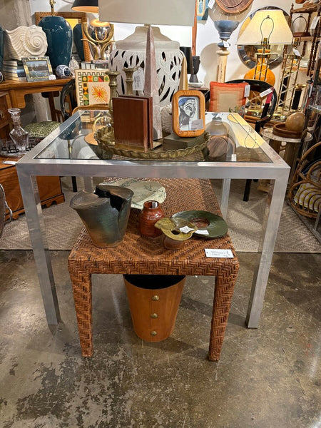 Vintage aluminum and glass parsons table - perfect for Mahjong! -in store pick up only