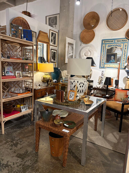 Vintage aluminum and glass parsons table - perfect for Mahjong! -in store pick up only