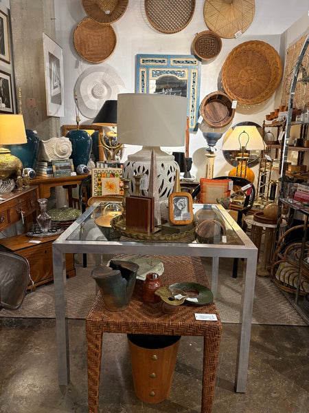 Vintage aluminum and glass parsons table - perfect for Mahjong! -in store pick up only