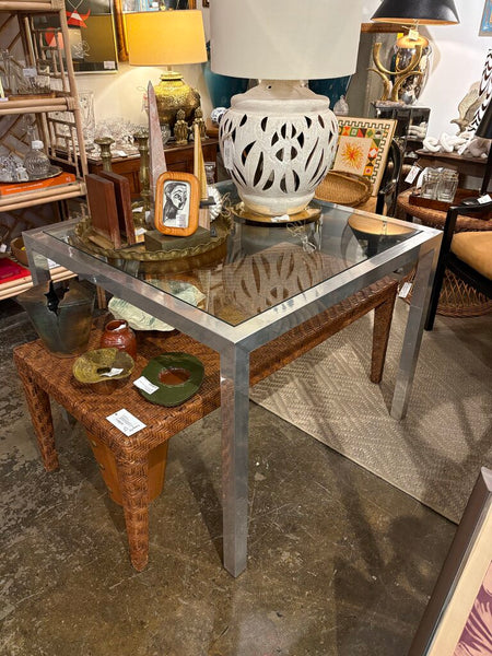 Vintage aluminum and glass parsons table - perfect for Mahjong! -in store pick up only
