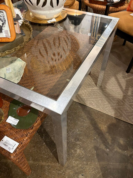 Vintage aluminum and glass parsons table - perfect for Mahjong! -in store pick up only