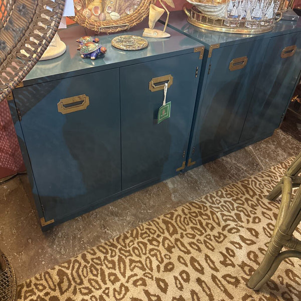 Set of Green “ CAMPAIGN “Style cabinets with Brass Accents . Pick up store only -29 tall 30 W 18 deep