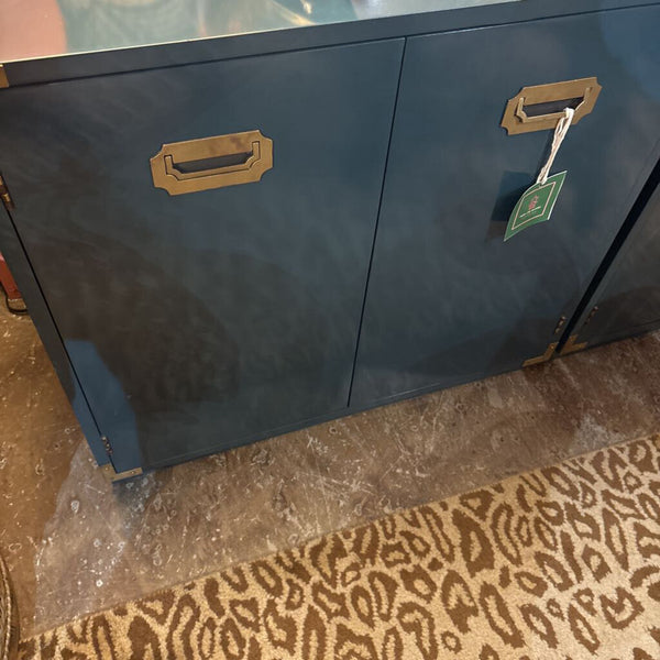 Set of Green “ CAMPAIGN “Style cabinets with Brass Accents . Pick up store only -29 tall 30 W 18 deep