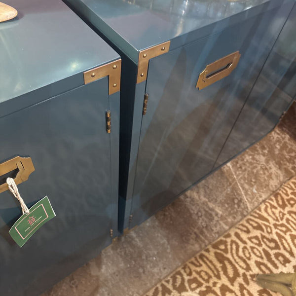 Set of Green “ CAMPAIGN “Style cabinets with Brass Accents . Pick up store only -29 tall 30 W 18 deep