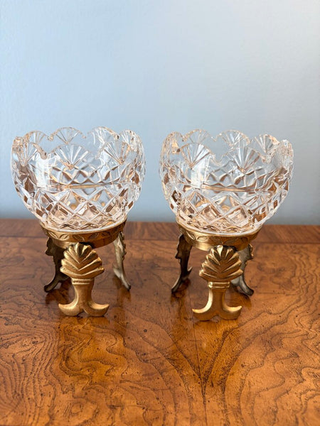 Vintage Irish crystal mini bowl on brass stand-each
