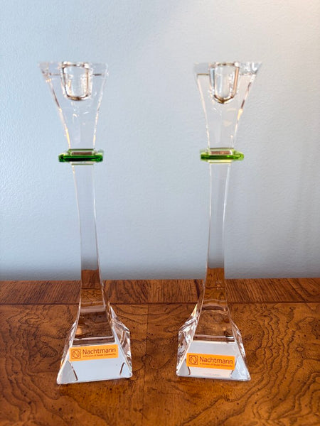 Gorgeous pair of Nachtmann crystal 9 inch green and clear candle holders