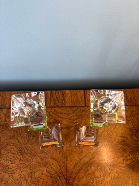 Gorgeous pair of Nachtmann crystal 9 inch green and clear candle holders