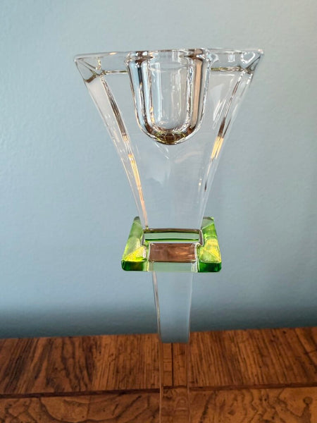 Gorgeous pair of Nachtmann crystal 9 inch green and clear candle holders