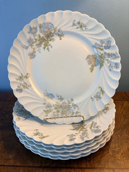 Set of six Haviland Limoge France, 10 1/4 inch Margaux dinner plates with lovely blue floral and gold design sold as set of six