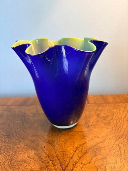 Gorgeous cased Glass ruffled edge cobalt vase