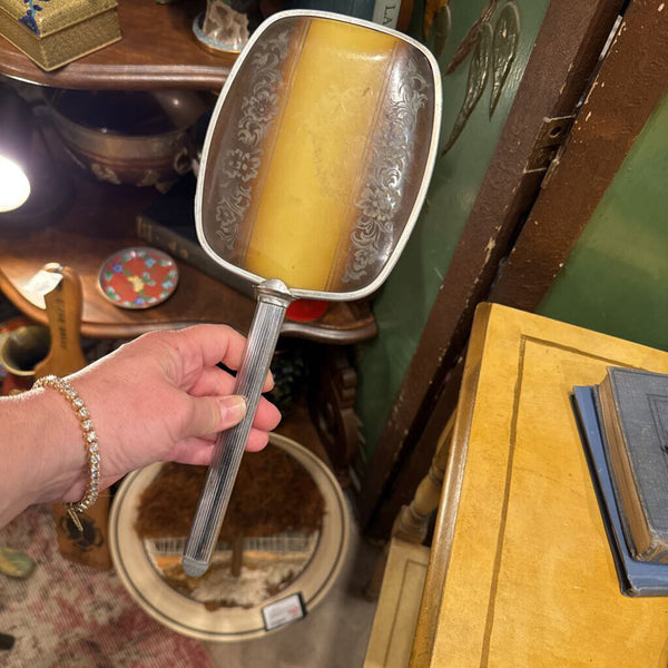 Antique Silver and Brown Tan Hand Mirror