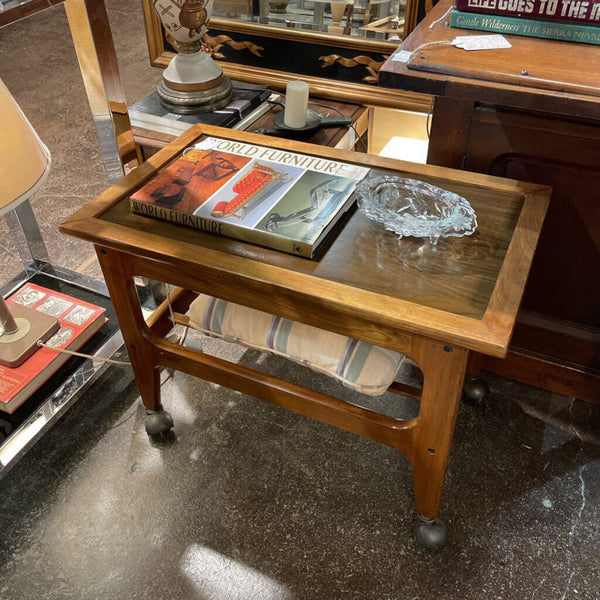 Mid Century Wood Side Table/ Rolling Serving Cart-- W/ Slatted Wood Shelf on 4 Original Casters -- 27"long x 16"wide x 20"tall IN STORE PICK UP ONLY