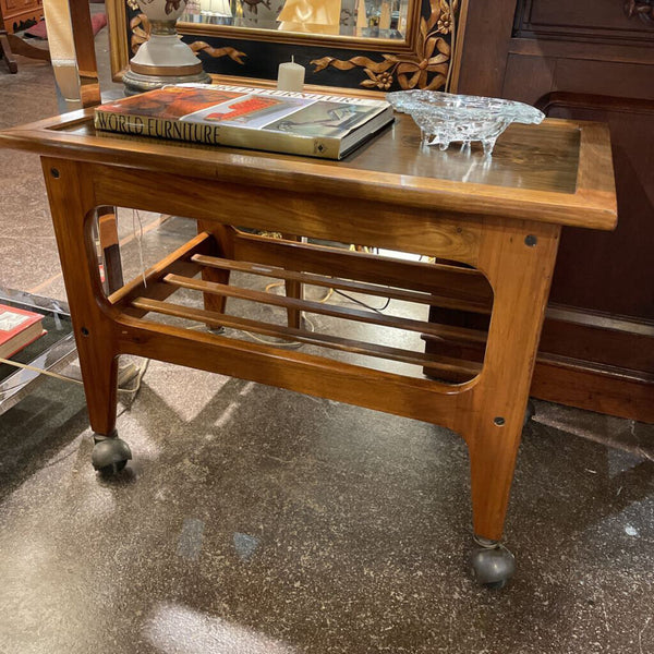 Mid Century Wood Side Table/ Rolling Serving Cart-- W/ Slatted Wood Shelf on 4 Original Casters -- 27"long x 16"wide x 20"tall IN STORE PICK UP ONLY
