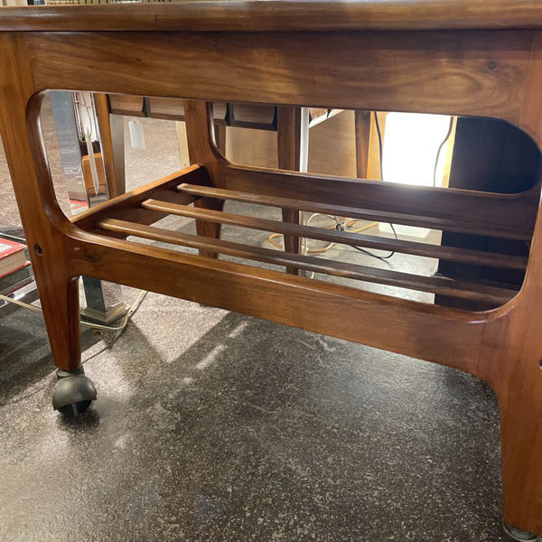 Mid Century Wood Side Table/ Rolling Serving Cart-- W/ Slatted Wood Shelf on 4 Original Casters -- 27"long x 16"wide x 20"tall IN STORE PICK UP ONLY
