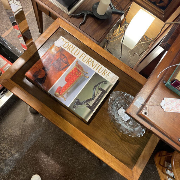 Mid Century Wood Side Table/ Rolling Serving Cart-- W/ Slatted Wood Shelf on 4 Original Casters -- 27"long x 16"wide x 20"tall IN STORE PICK UP ONLY