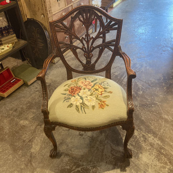 Antique handcarved chair needlepoint seat 39" high