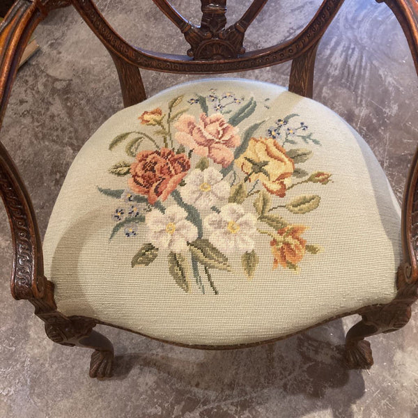 Antique handcarved chair needlepoint seat 39" high
