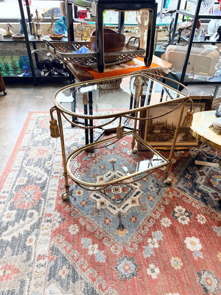 Vintage Italian Hollywood Regency gold gilt rope and tassel motif 2 tier bar cart circa 1960-approx 25.5t x29L x19. For pick up only