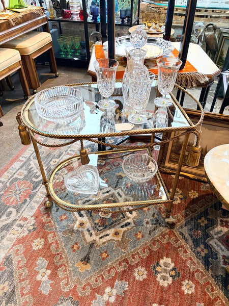 Vintage Italian Hollywood Regency gold gilt rope and tassel motif 2 tier bar cart circa 1960-approx 25.5t x29L x19. For pick up only