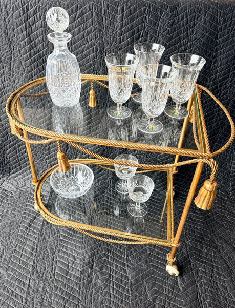 Vintage Italian Hollywood Regency gold gilt rope and tassel motif 2 tier bar cart circa 1960-approx 25.5t x29L x19. For pick up only