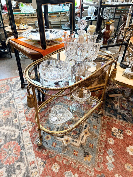 Vintage Italian Hollywood Regency gold gilt rope and tassel motif 2 tier bar cart circa 1960-approx 25.5t x29L x19. For pick up only