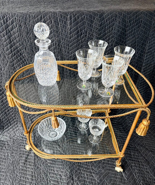 Vintage Italian Hollywood Regency gold gilt rope and tassel motif 2 tier bar cart circa 1960-approx 25.5t x29L x19. For pick up only