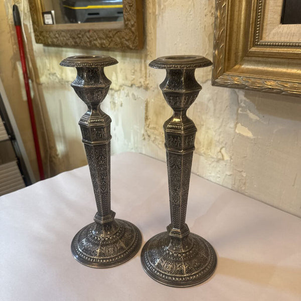 PAIR SILVER CAN STICKS 12" TALL