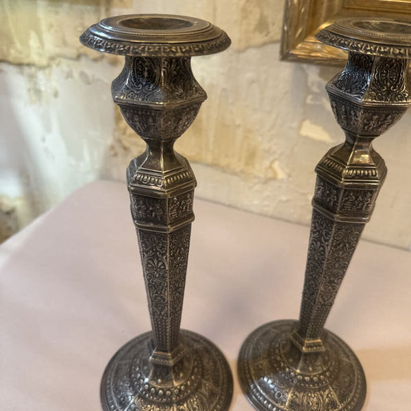 PAIR SILVER CAN STICKS 12" TALL