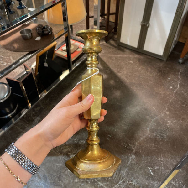 Heavy Brass Candle Stick w/ Hexagonal Base 10" tall