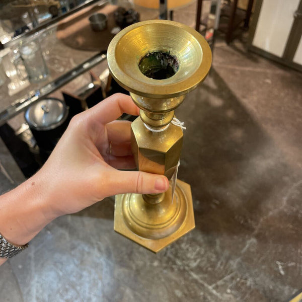 Heavy Brass Candle Stick w/ Hexagonal Base 10" tall