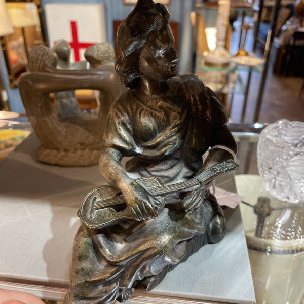 Vintage, possibly Antique- Cast Metal Figure, Lady Playing Guitar