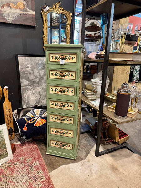 Antique Floral Green Seven Drawer Lingerie Cabinet 11x8.5x38 pick up only