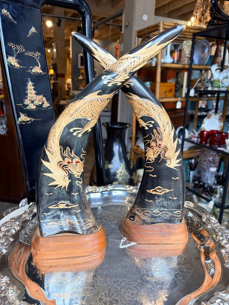 Pair of vintage 14 inch carved water buffalo horns -dragons