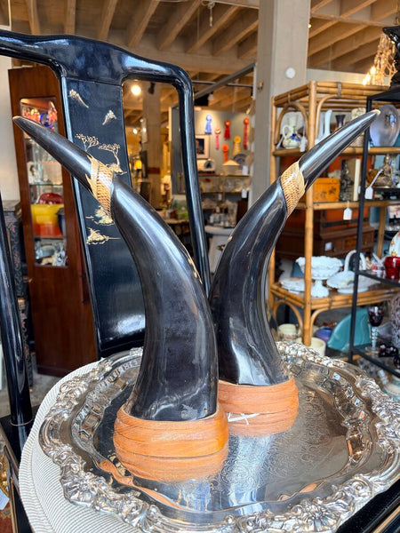 Pair of vintage 14 inch carved water buffalo horns -dragons