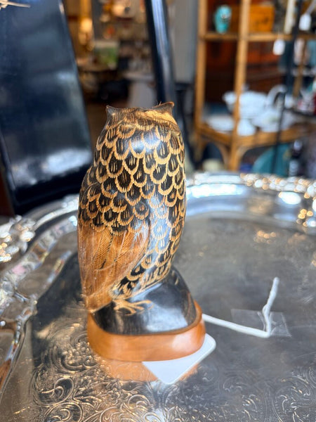 Carved owl water buffalo horn-vintage 5.5inch