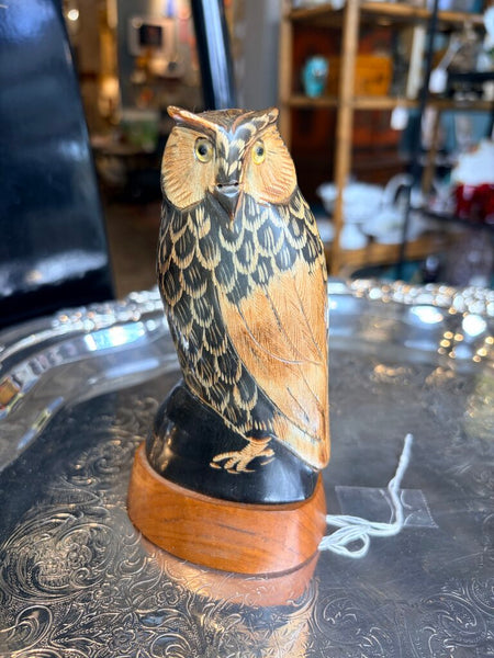 Carved owl water buffalo horn-vintage 5.5inch