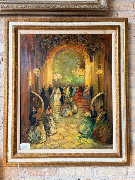 Vintage "Grand Ballroom" European palette and knife technique impressionistic oil on canvas-signed For pick up only approx 32.5x38.5