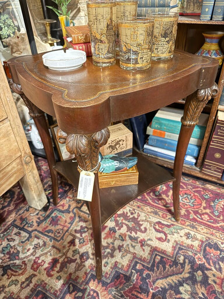 Vintage Mahogany Leather top table with Prince of Wales feathers legs 19x19x28T PICKUP ONLY