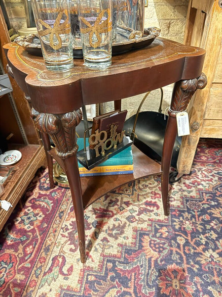 Vintage Mahogany Leather top table with Prince of Wales feathers legs 19x19x28T PICKUP ONLY