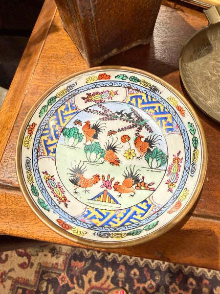 Brass and enamel rooster dish/plate
