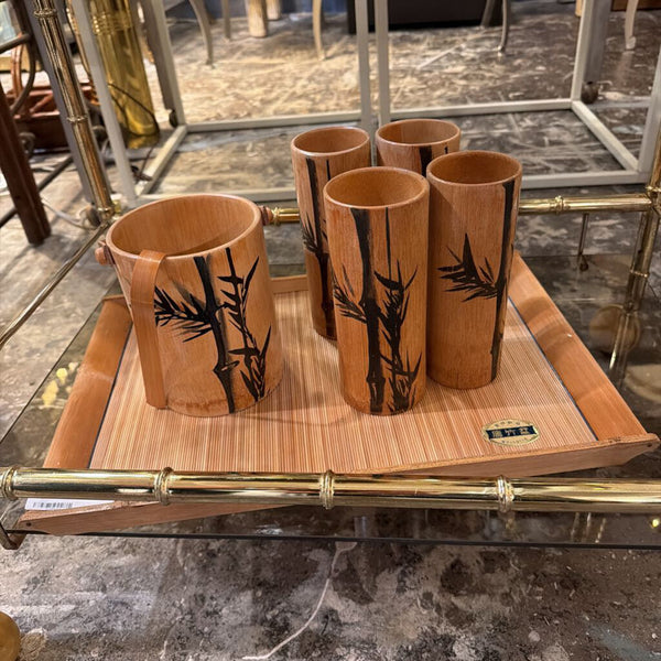Vintage bamboo tray, glasses, bucket and tongs