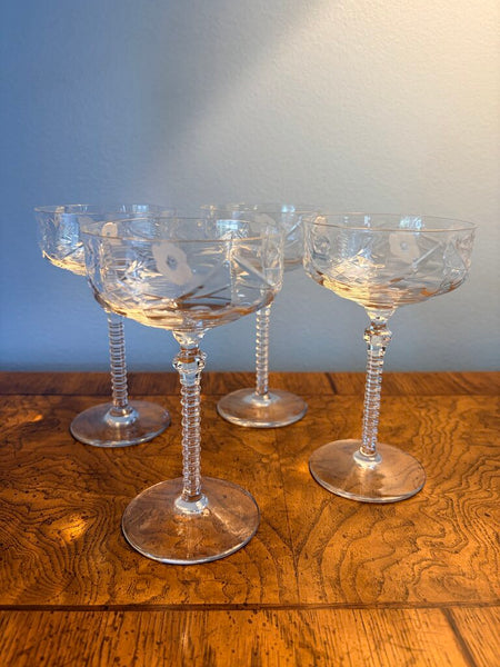Set of 4 vintage etched and cut fancy cocktail glasses