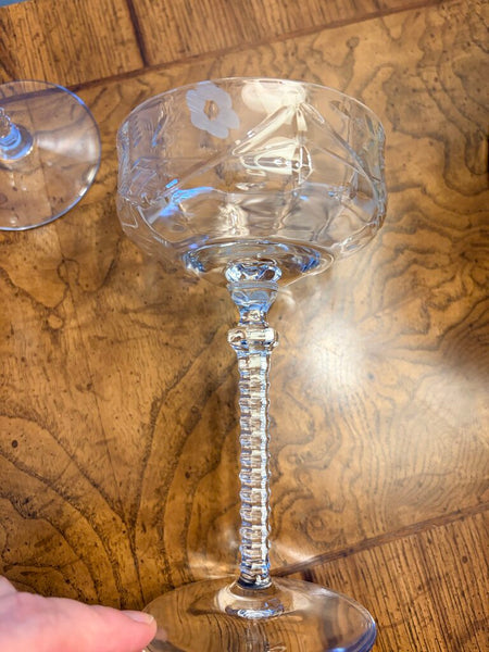 Set of 4 vintage etched and cut fancy cocktail glasses