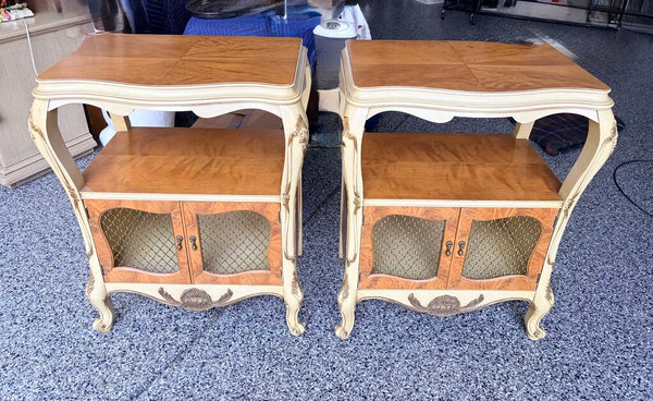 Matching Pair of Romweber French Provincial Louis XV style, Rococo serpentine burlwood nightstands/end tables approx 29t x 21.5w x14 For pick up only